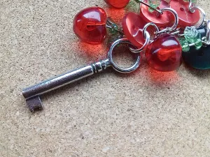 Vintage Silver Keys, Red Apples Buttons Key Ring