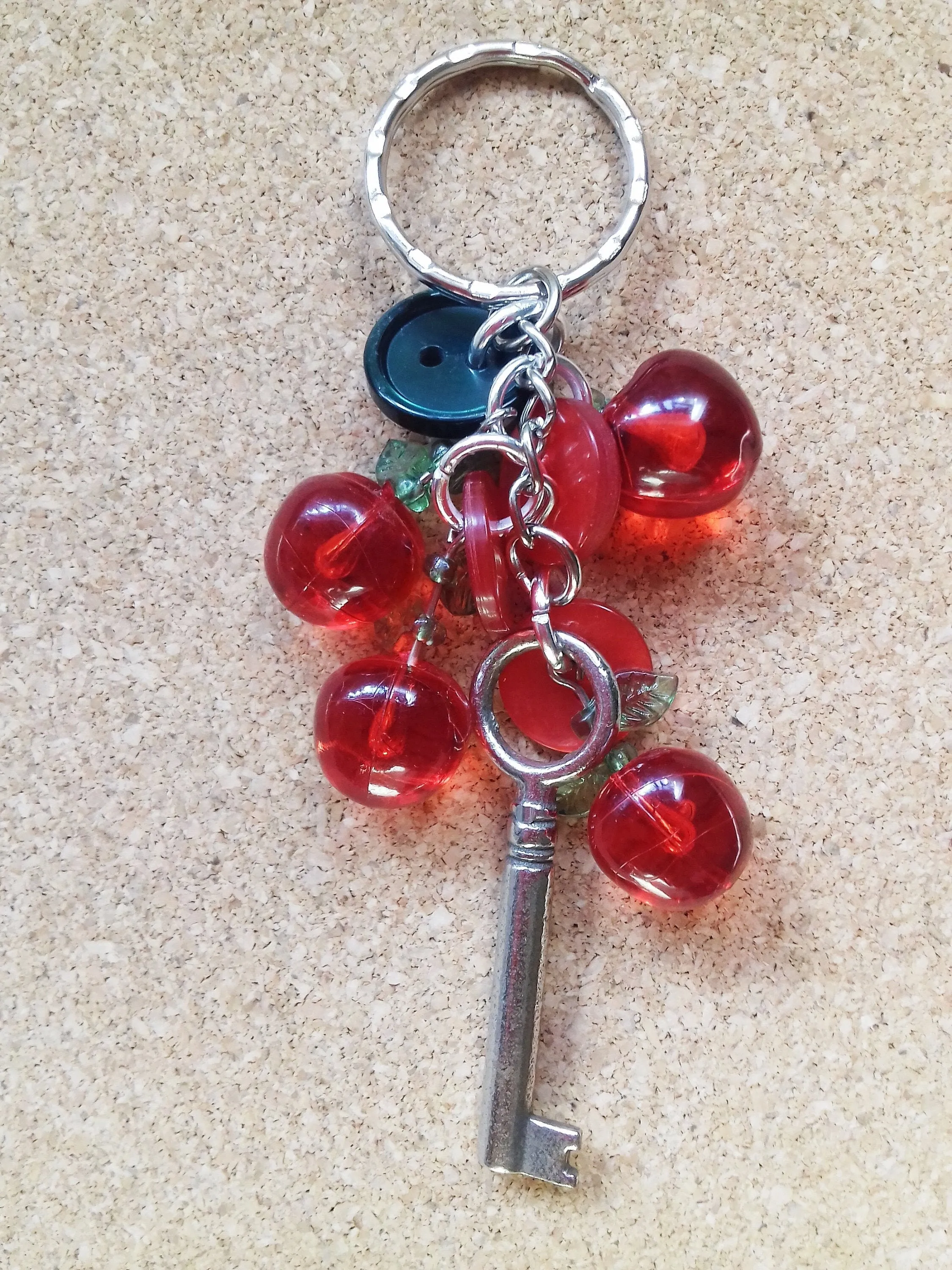 Vintage Silver Keys, Red Apples Buttons Key Ring