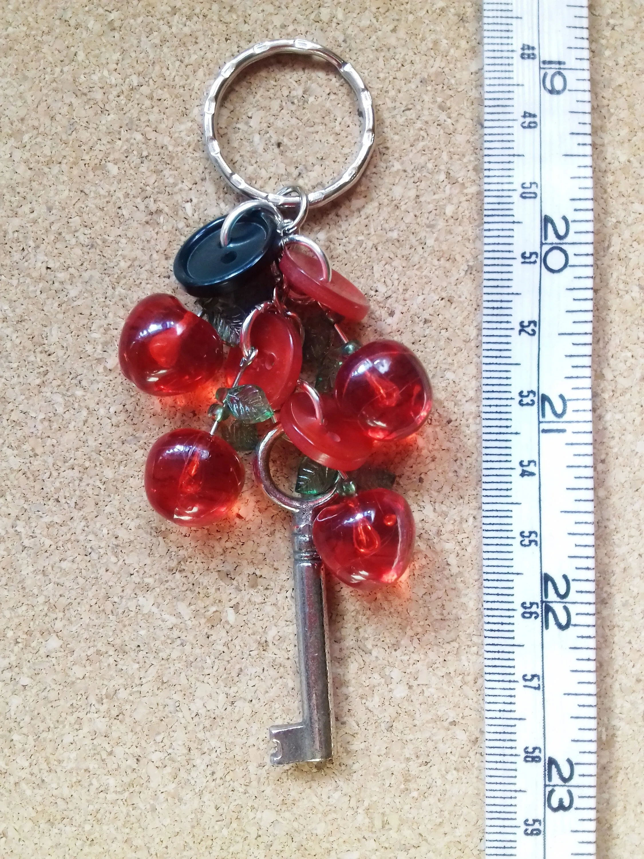 Vintage Silver Keys, Red Apples Buttons Key Ring