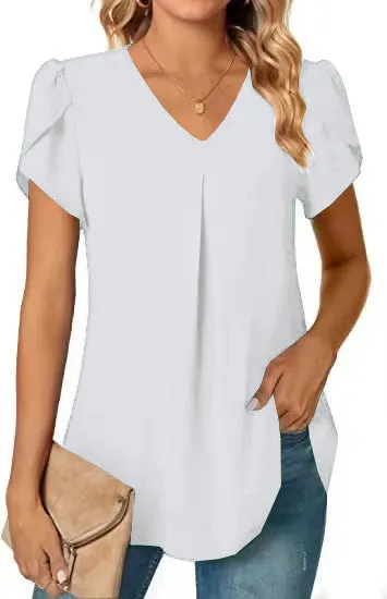 Women's Fashionable Chiffon Shirt V-neck Lotus Leaf